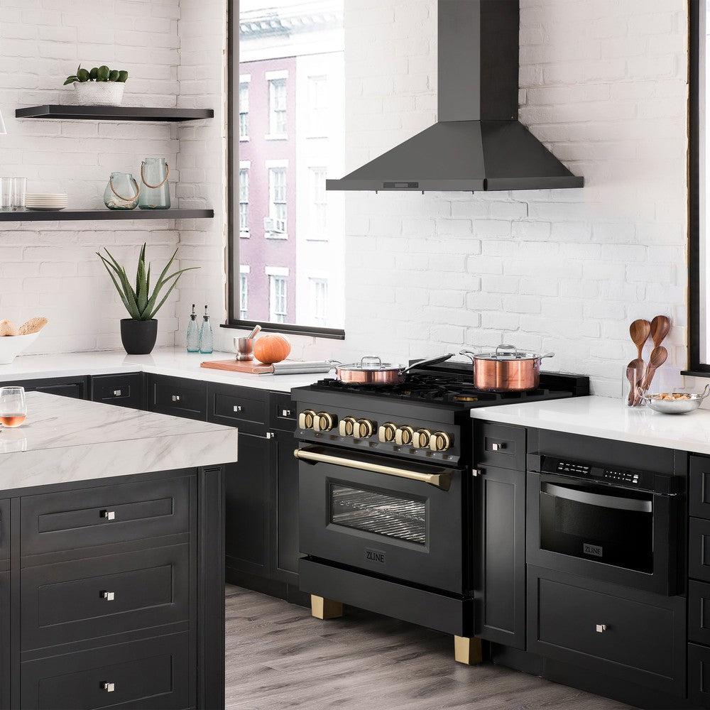 Autograph Edition 36 In. 4.6 Cu. Ft. Legacy Dual Fuel Range With 6 Burner Gas Cooktop And Electric Convection Oven In Black Stainless Steel And Polished Gold Accents RABZ36G