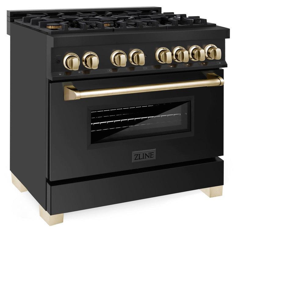 Autograph Edition 36 In. 4.6 Cu. Ft. Legacy Dual Fuel Range With 6 Burner Gas Cooktop And Electric Convection Oven In Black Stainless Steel And Polished Gold Accents RABZ36G
