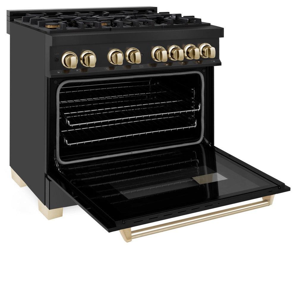 Autograph Edition 36 In. 4.6 Cu. Ft. Legacy Dual Fuel Range With 6 Burner Gas Cooktop And Electric Convection Oven In Black Stainless Steel And Polished Gold Accents RABZ36G