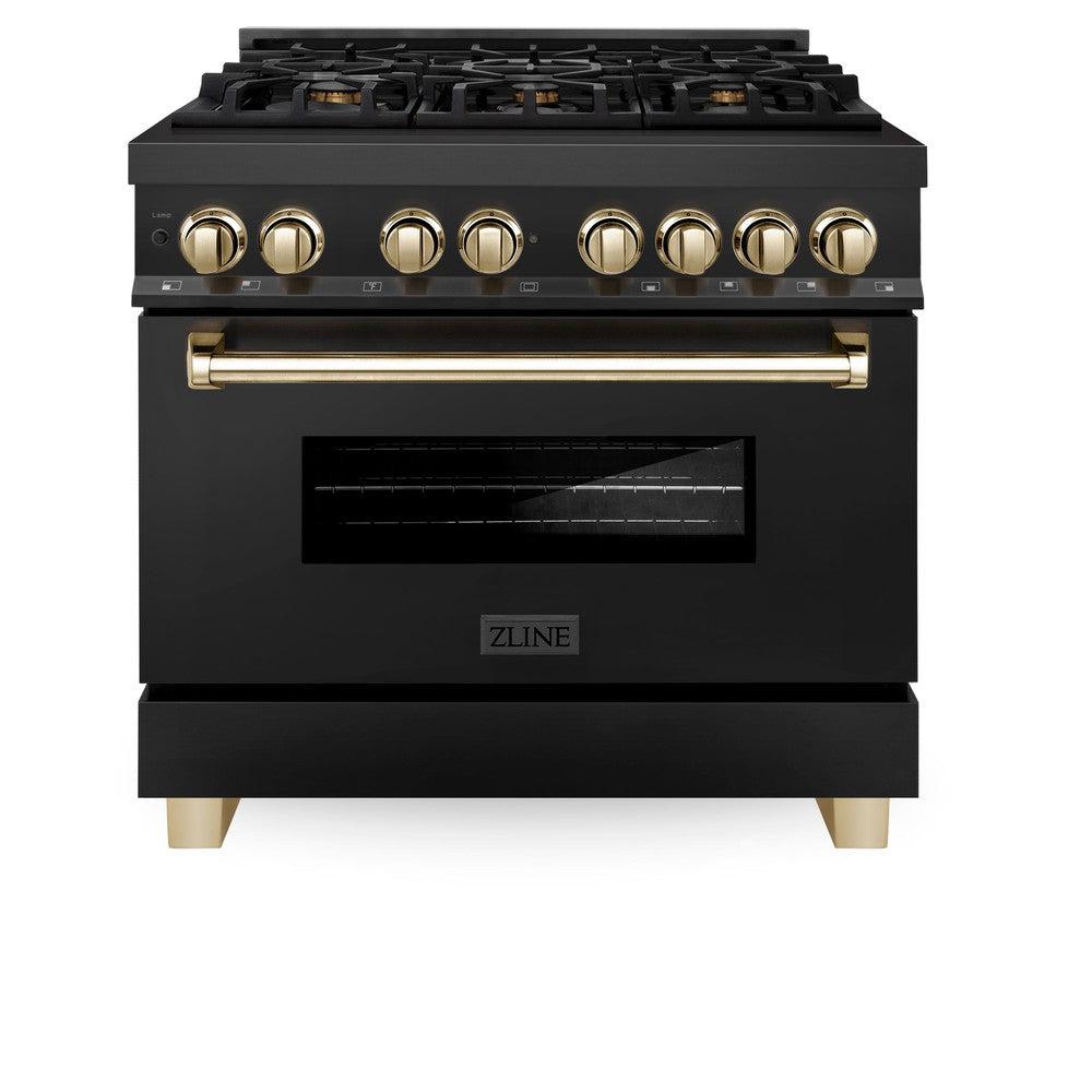 Autograph Edition 36 In. 4.6 Cu. Ft. Legacy Dual Fuel Range With 6 Burner Gas Cooktop And Electric Convection Oven In Black Stainless Steel And Polished Gold Accents RABZ36G