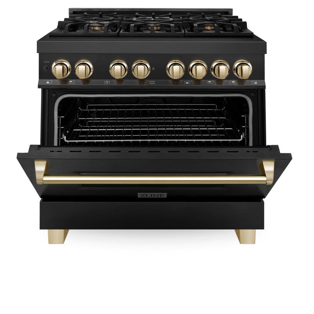 Autograph Edition 36 In. 4.6 Cu. Ft. Legacy Dual Fuel Range With 6 Burner Gas Cooktop And Electric Convection Oven In Black Stainless Steel And Polished Gold Accents RABZ36G