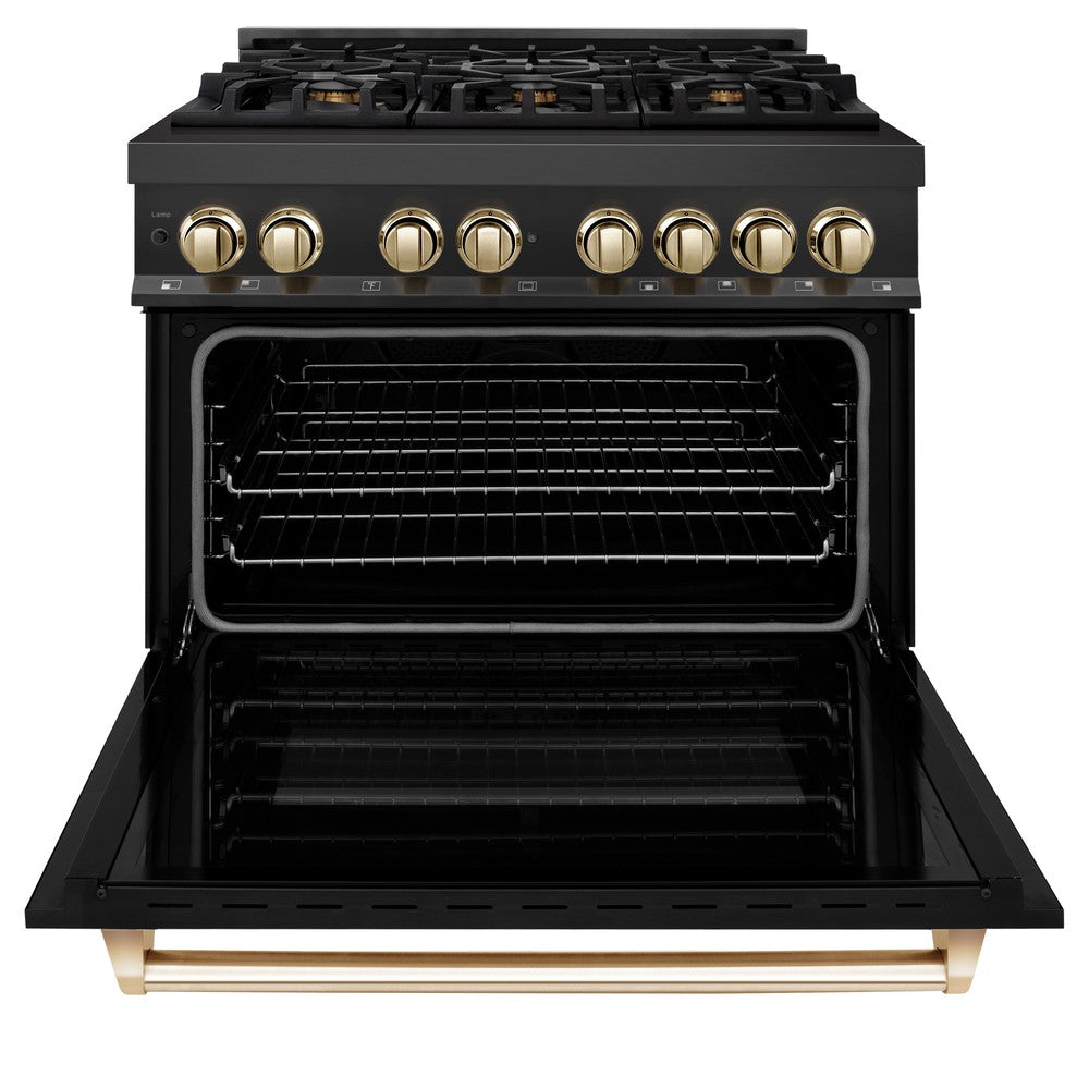 Autograph Edition 36 In. 4.6 Cu. Ft. Legacy Dual Fuel Range With 6 Burner Gas Cooktop And Electric Convection Oven In Black Stainless Steel And Polished Gold Accents RABZ36G