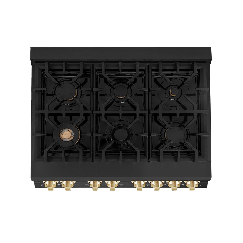 Autograph Edition 36 In. 4.6 Cu. Ft. Legacy Dual Fuel Range With 6 Burner Gas Cooktop And Electric Convection Oven In Black Stainless Steel And Polished Gold Accents RABZ36G