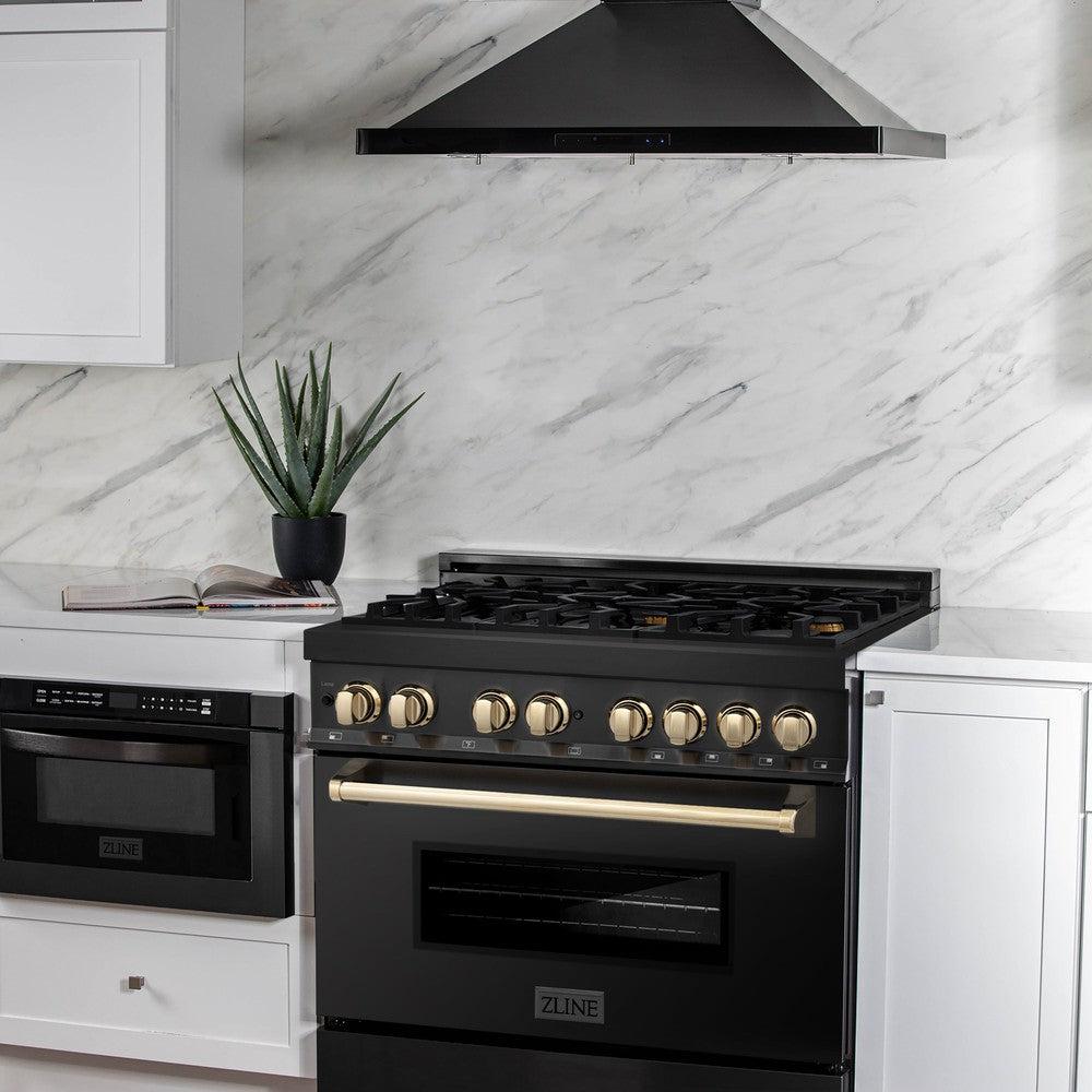 Autograph Edition 36 In. 4.6 Cu. Ft. Legacy Dual Fuel Range With 6 Burner Gas Cooktop And Electric Convection Oven In Black Stainless Steel And Polished Gold Accents RABZ36G