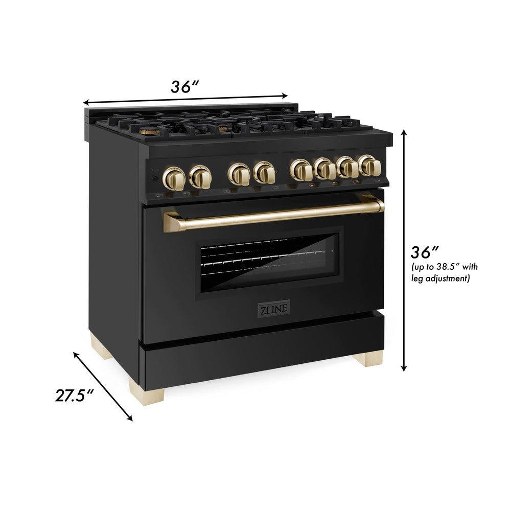 Autograph Edition 36 In. 4.6 Cu. Ft. Legacy Dual Fuel Range With 6 Burner Gas Cooktop And Electric Convection Oven In Black Stainless Steel And Polished Gold Accents RABZ36G