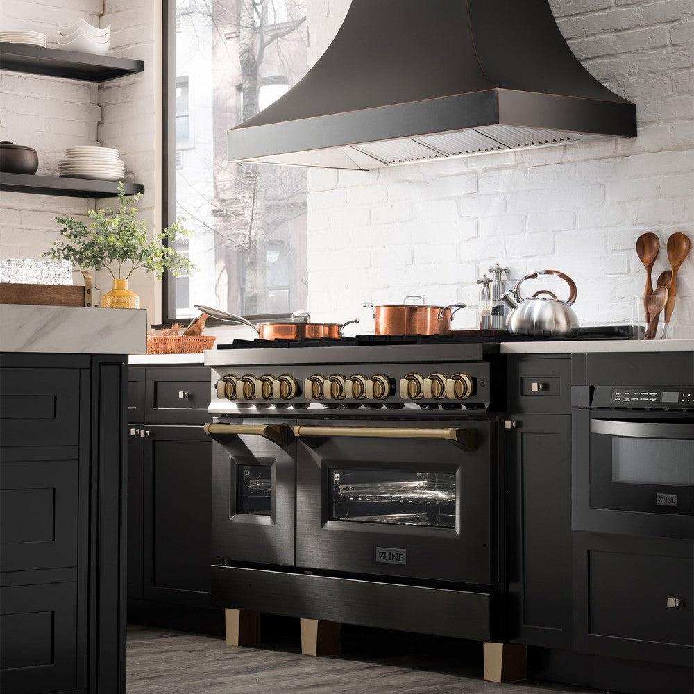 Autograph Edition 48 In. 6.0 Cu. Ft. Legacy Dual Fuel Range With 7 Burner Gas Cooktop And 2 Electric Ovens In Black Stainless Steel And Champagne Bronze Accents RABZ48CB