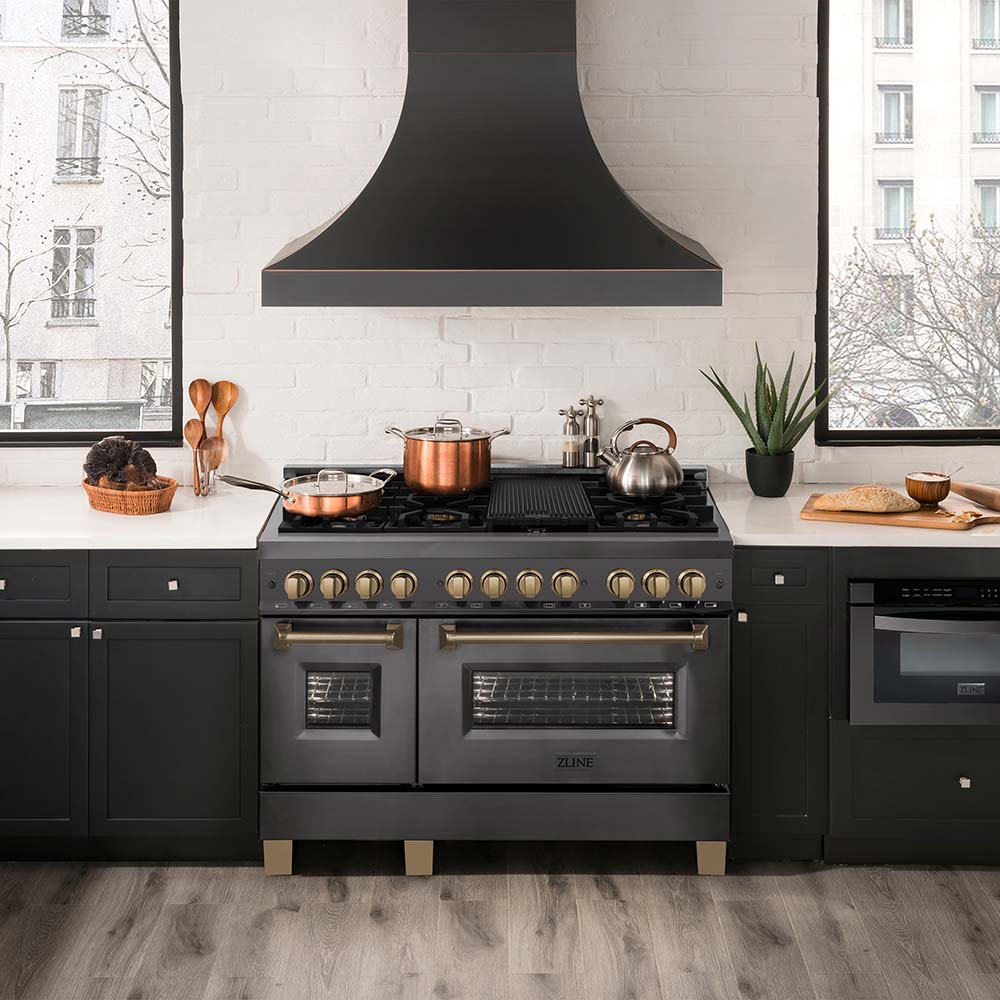 Autograph Edition 48 In. 6.0 Cu. Ft. Legacy Dual Fuel Range With 7 Burner Gas Cooktop And 2 Electric Ovens In Black Stainless Steel And Champagne Bronze Accents RABZ48CB