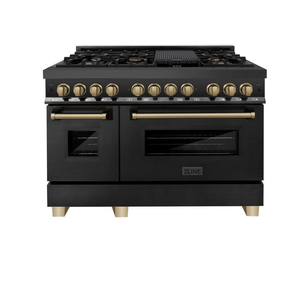 Autograph Edition 48 In. 6.0 Cu. Ft. Legacy Dual Fuel Range With 7 Burner Gas Cooktop And 2 Electric Ovens In Black Stainless Steel And Champagne Bronze Accents RABZ48CB