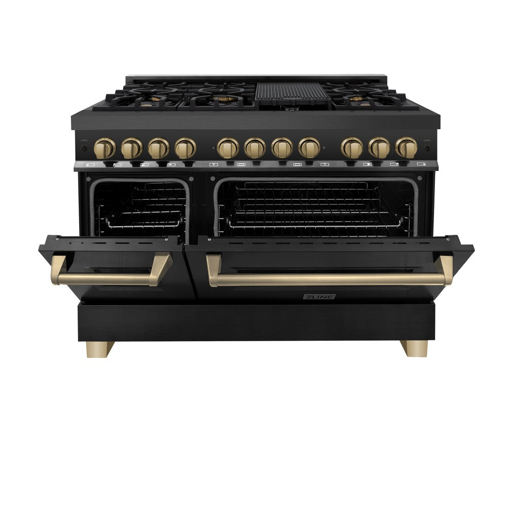 Autograph Edition 48 In. 6.0 Cu. Ft. Legacy Dual Fuel Range With 7 Burner Gas Cooktop And 2 Electric Ovens In Black Stainless Steel And Champagne Bronze Accents RABZ48CB