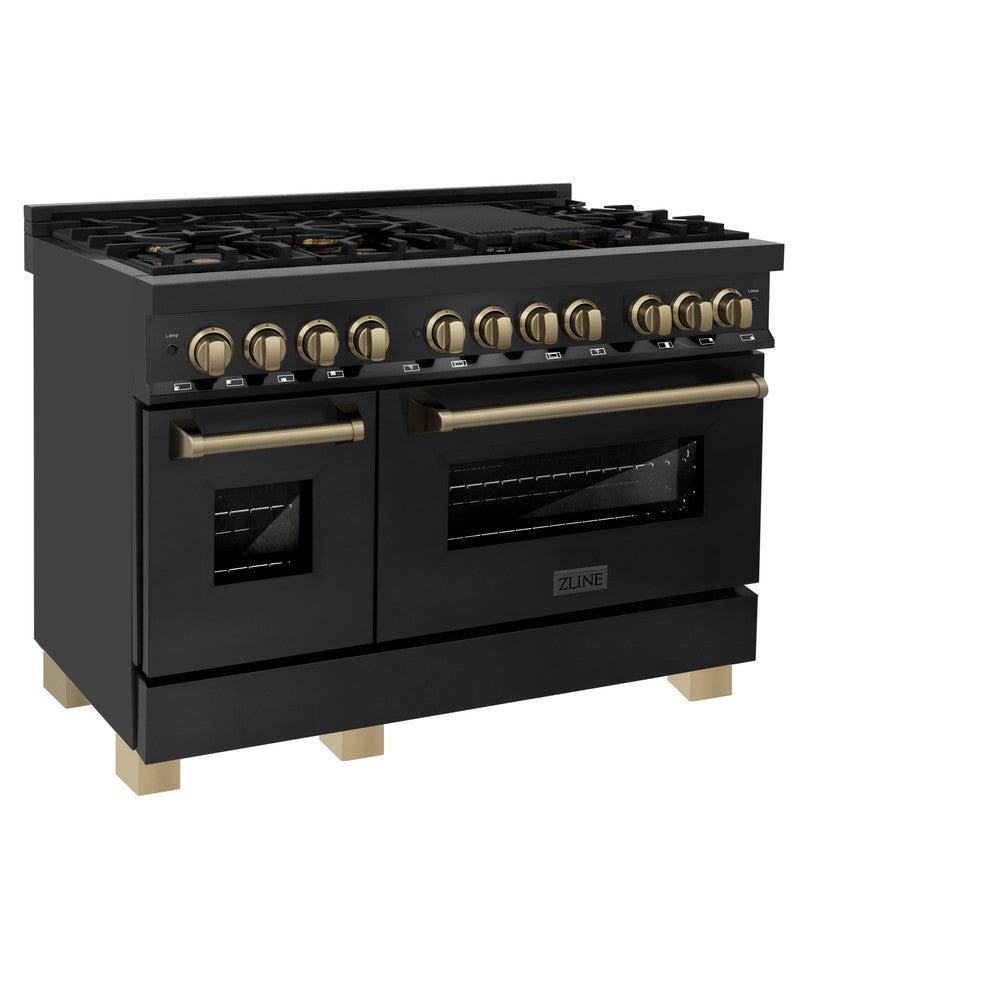 Autograph Edition 48 In. 6.0 Cu. Ft. Legacy Dual Fuel Range With 7 Burner Gas Cooktop And 2 Electric Ovens In Black Stainless Steel And Champagne Bronze Accents RABZ48CB