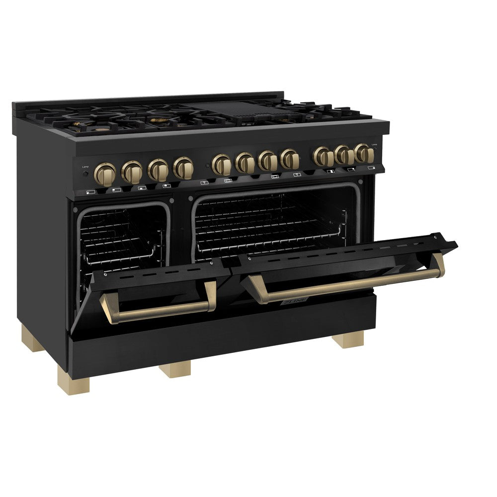 Autograph Edition 48 In. 6.0 Cu. Ft. Legacy Dual Fuel Range With 7 Burner Gas Cooktop And 2 Electric Ovens In Black Stainless Steel And Champagne Bronze Accents RABZ48CB