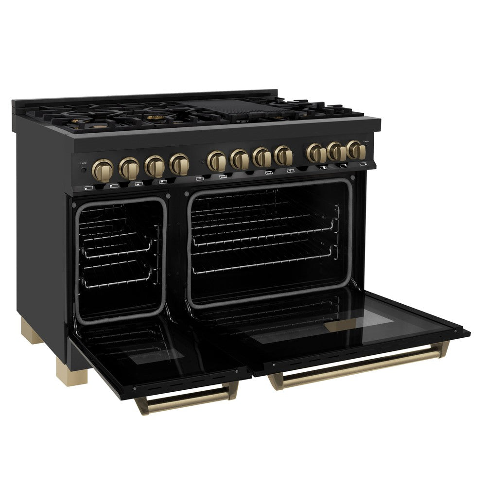 Autograph Edition 48 In. 6.0 Cu. Ft. Legacy Dual Fuel Range With 7 Burner Gas Cooktop And 2 Electric Ovens In Black Stainless Steel And Champagne Bronze Accents RABZ48CB