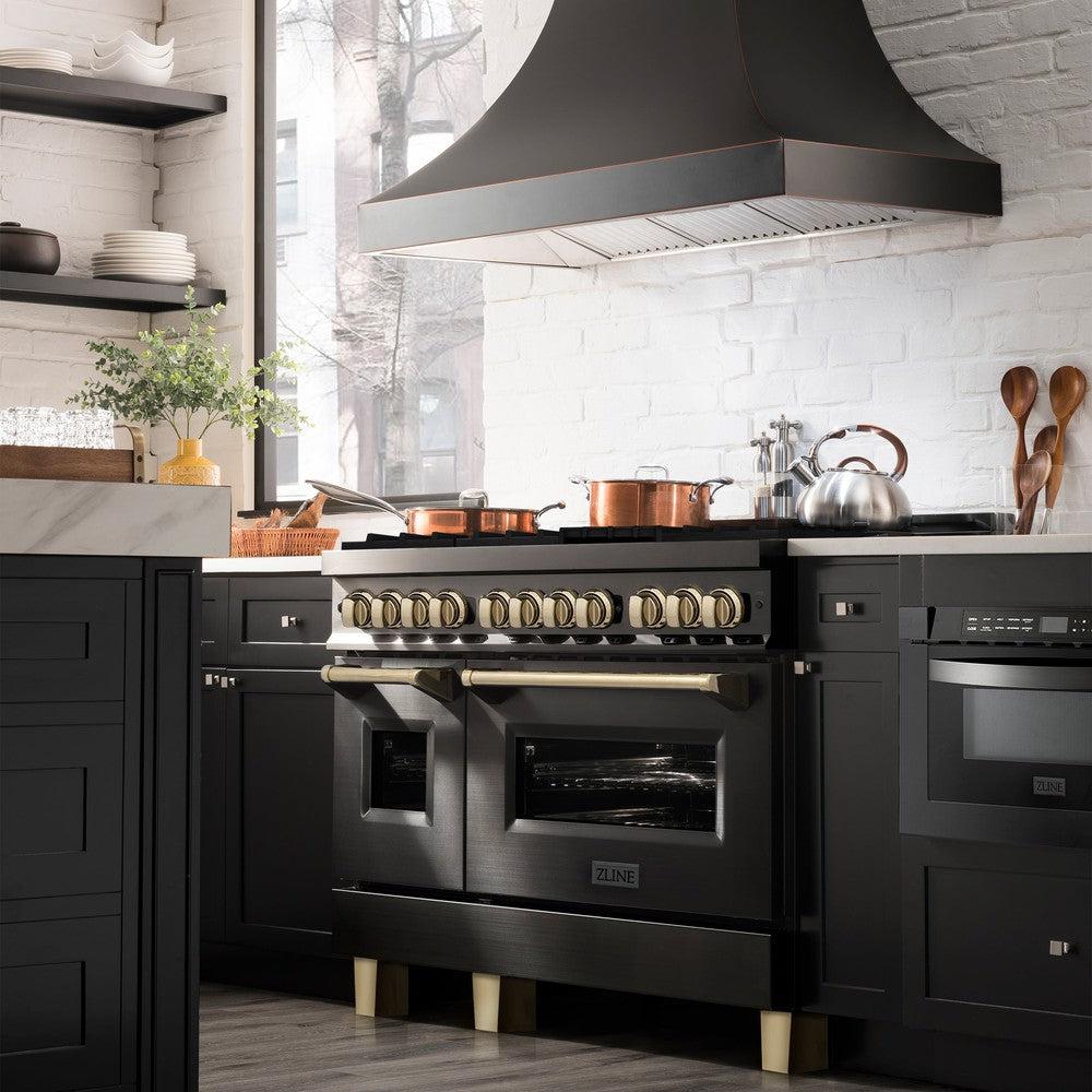 Autograph Edition 48 In. 6.0 Cu. Ft. Legacy Dual Fuel Range With 7 Burner Gas Cooktop And 2 Electric Ovens In Black Stainless Steel And Polished Gold Accents RABZ48G
