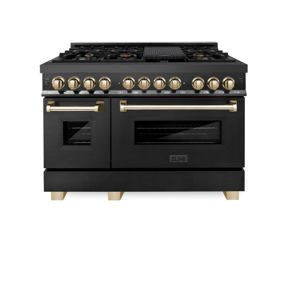 Autograph Edition 48 In. 6.0 Cu. Ft. Legacy Dual Fuel Range With 7 Burner Gas Cooktop And 2 Electric Ovens In Black Stainless Steel And Polished Gold Accents RABZ48G