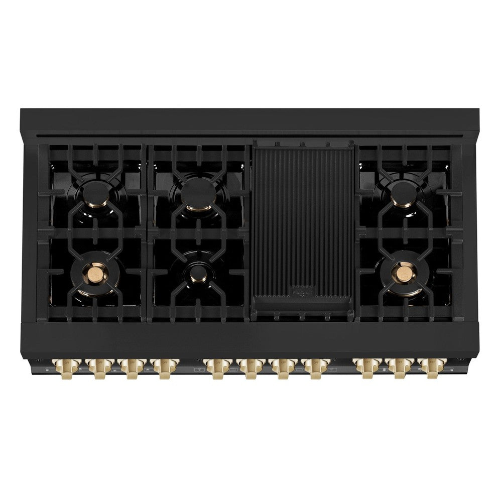 Autograph Edition 48 In. 6.0 Cu. Ft. Legacy Dual Fuel Range With 7 Burner Gas Cooktop And 2 Electric Ovens In Black Stainless Steel And Polished Gold Accents RABZ48G