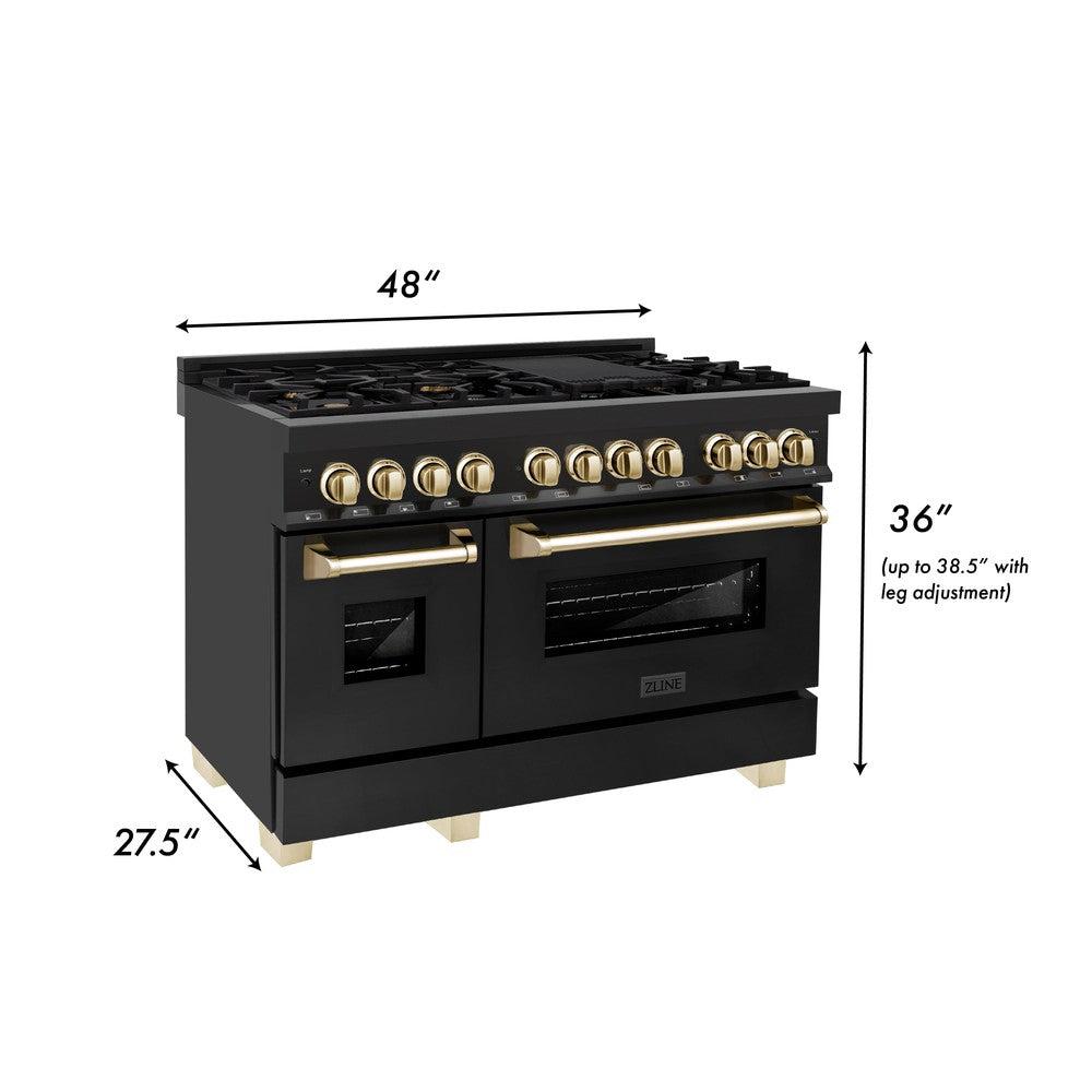 Autograph Edition 48 In. 6.0 Cu. Ft. Legacy Dual Fuel Range With 7 Burner Gas Cooktop And 2 Electric Ovens In Black Stainless Steel And Polished Gold Accents RABZ48G
