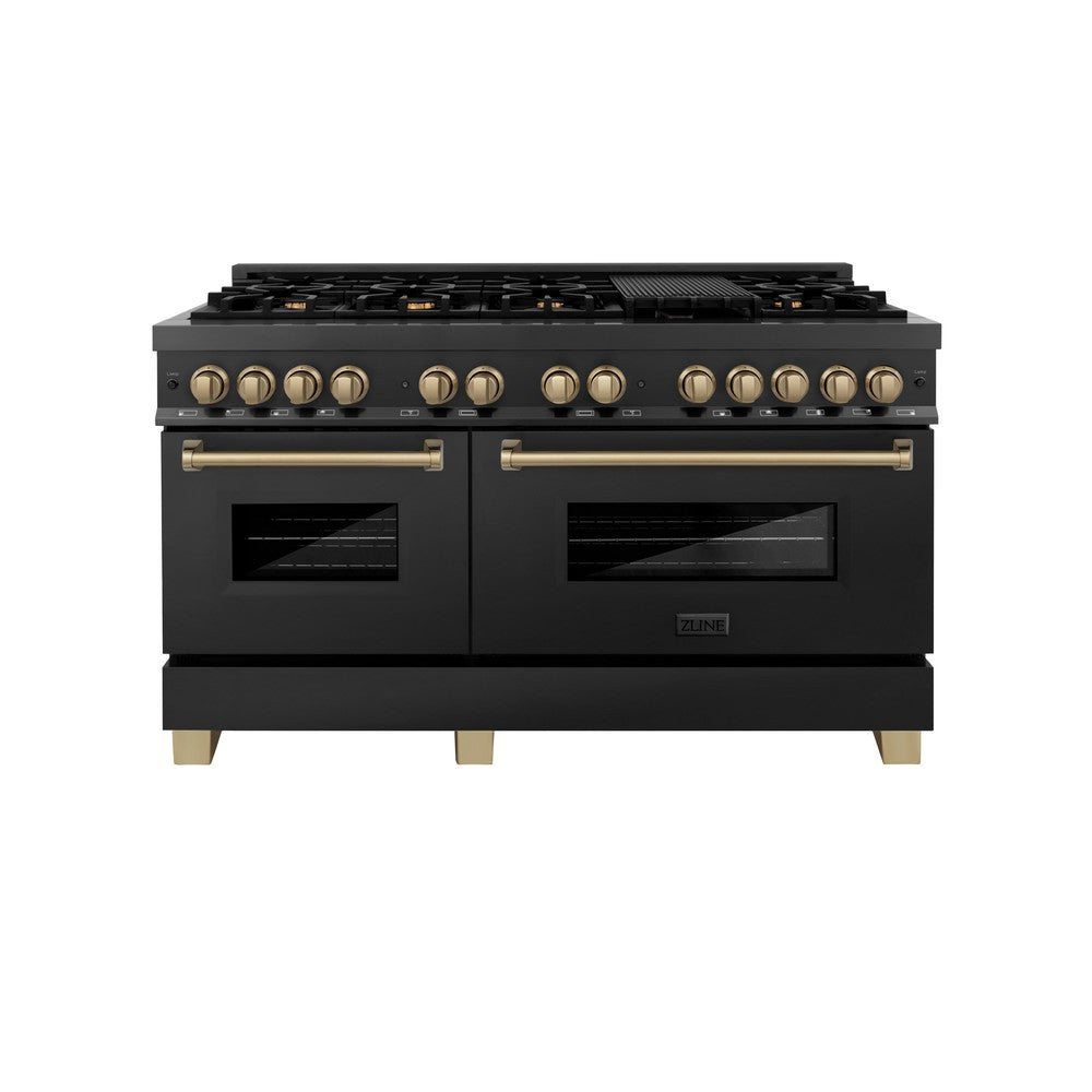 Autograph Edition 60 In. 7.4 Cu. Ft. Legacy Dual Fuel Range With 9 Burner Gas Cooktop And 2 Electric Convection Ovens In Black Stainless Steel And Champagne Bronze Accents RABZ60CB
