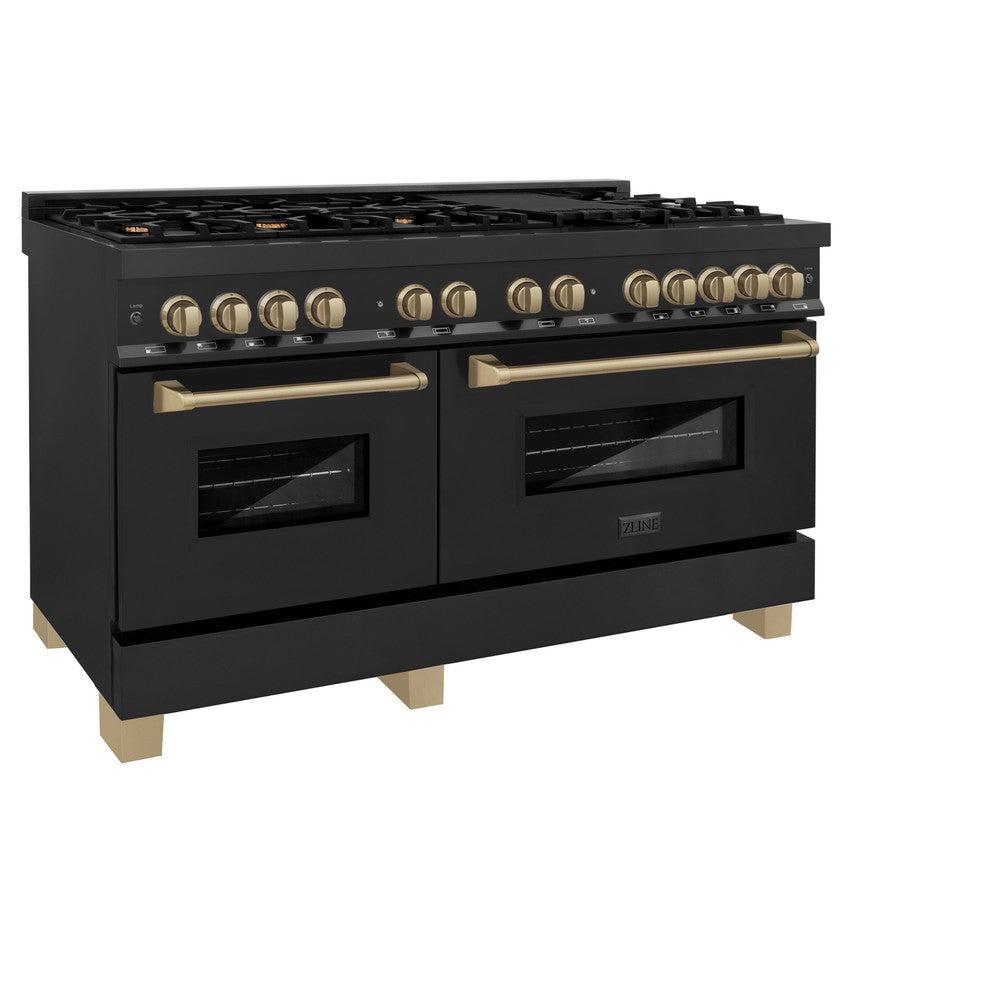 Autograph Edition 60 In. 7.4 Cu. Ft. Legacy Dual Fuel Range With 9 Burner Gas Cooktop And 2 Electric Convection Ovens In Black Stainless Steel And Champagne Bronze Accents RABZ60CB