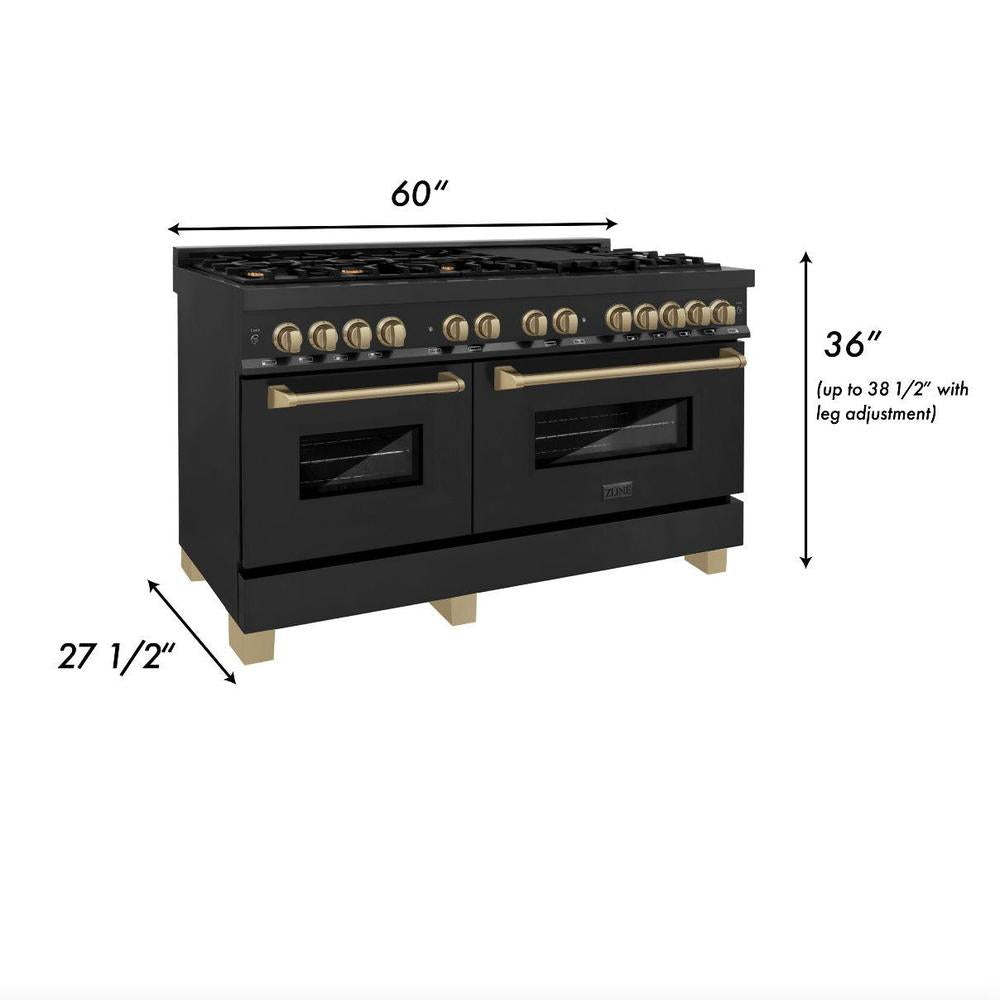 Autograph Edition 60 In. 7.4 Cu. Ft. Legacy Dual Fuel Range With 9 Burner Gas Cooktop And 2 Electric Convection Ovens In Black Stainless Steel And Champagne Bronze Accents RABZ60CB