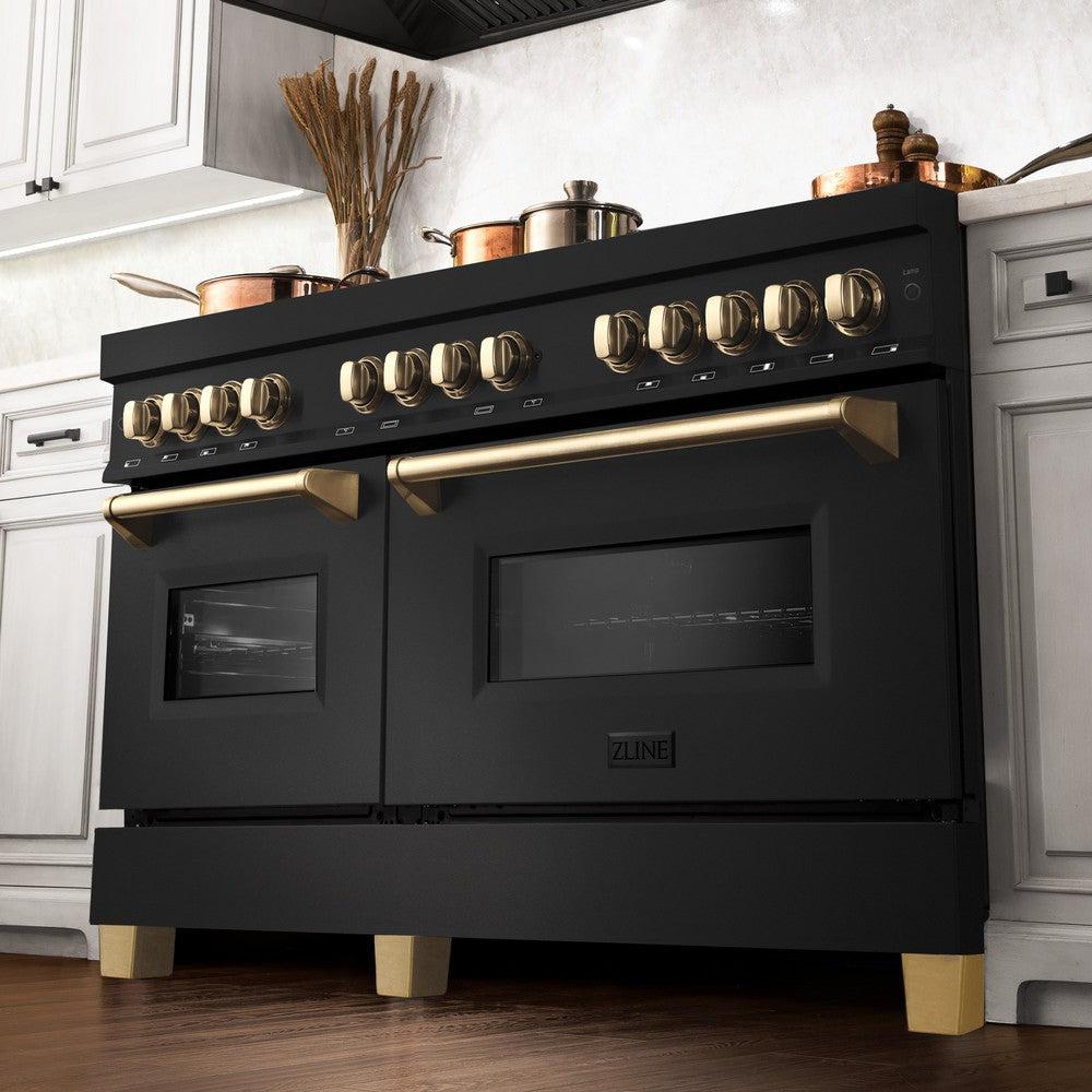 Autograph Edition 60 In. 7.4 Cu. Ft. Legacy Dual Fuel Range With 9 Burner Gas Cooktop And 2 Electric Convection Ovens In Black Stainless Steel And Polished Gold Accents RABZ60G