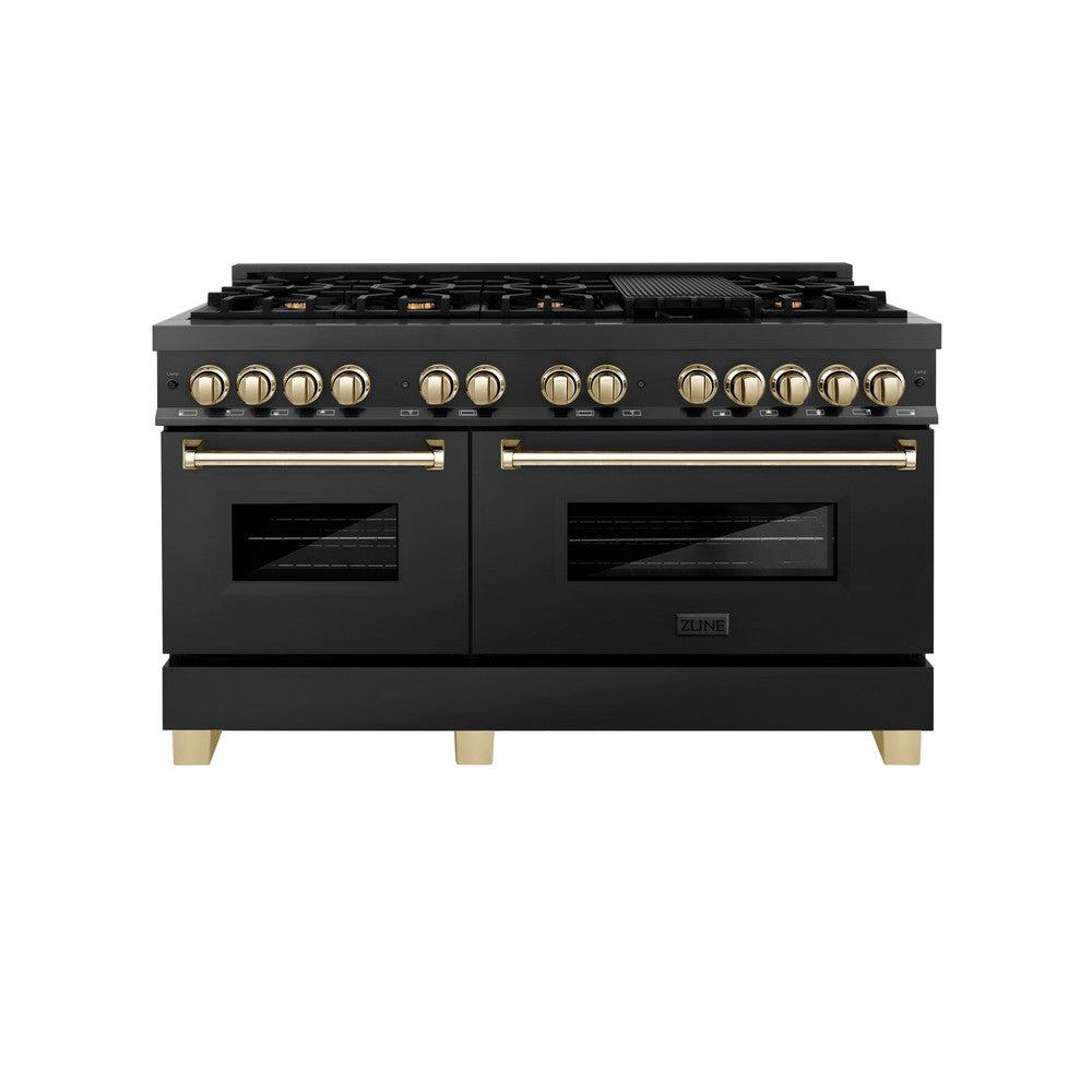 Autograph Edition 60 In. 7.4 Cu. Ft. Legacy Dual Fuel Range With 9 Burner Gas Cooktop And 2 Electric Convection Ovens In Black Stainless Steel And Polished Gold Accents RABZ60G
