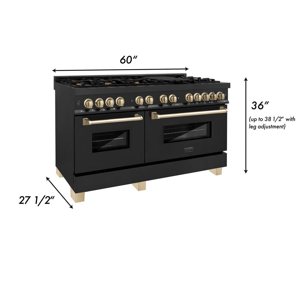 Autograph Edition 60 In. 7.4 Cu. Ft. Legacy Dual Fuel Range With 9 Burner Gas Cooktop And 2 Electric Convection Ovens In Black Stainless Steel And Polished Gold Accents RABZ60G