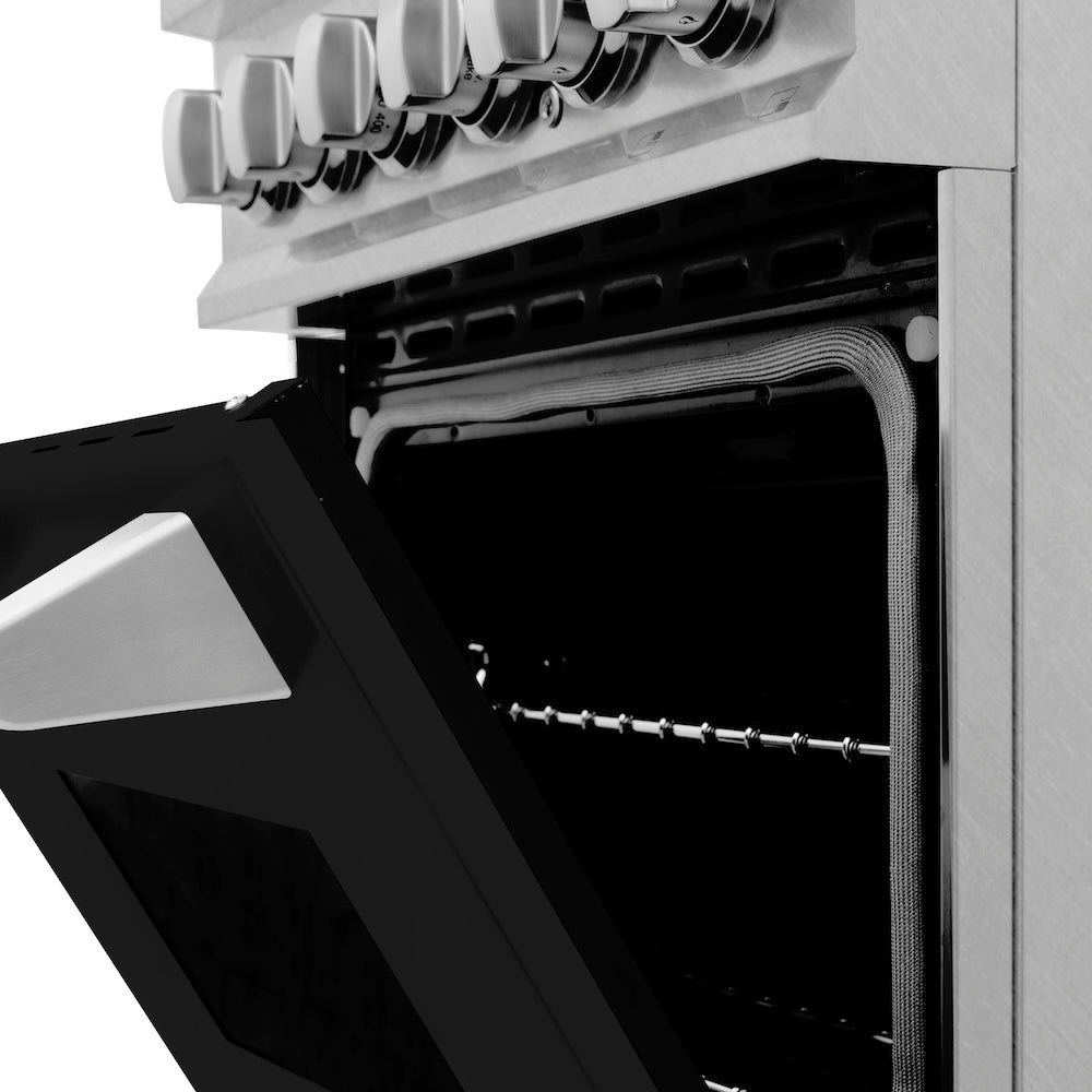 24 In. 2.8 Cu. Ft. Legacy Dual Fuel Range With 4 Burner Gas Cooktop And Electric Convection Oven In Satin Stainless Steel And Black Matte Door RASBLM24