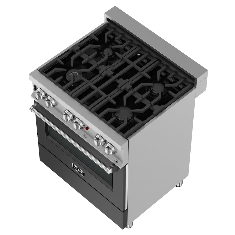 30 In. 4.0 Cu. Ft. Legacy Dual Fuel Range With 4 Burner Gas Cooktop And Electric Convection Oven In Satin Stainless Steel And Black Matte Door RASBLM30