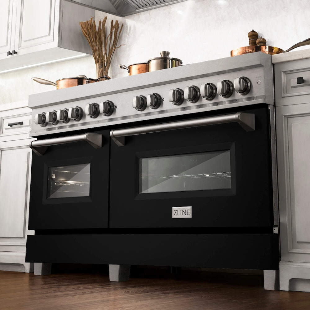 60 In. 7.4 Cu. Ft. Legacy Dual Fuel Range With 9 Burner Gas Cooktop And 2 Electric Convection Ovens In Satin Stainless Steel And Black Matte Doors RASBLM60