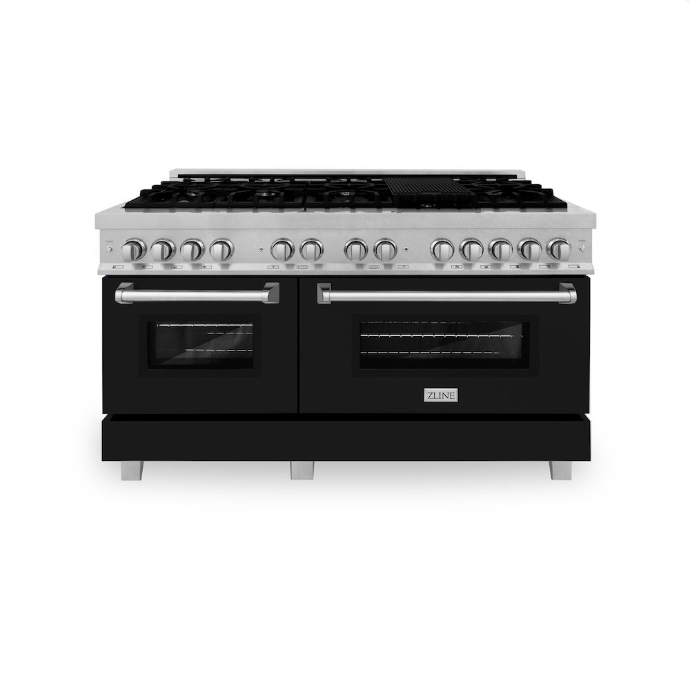 60 In. 7.4 Cu. Ft. Legacy Dual Fuel Range With 9 Burner Gas Cooktop And 2 Electric Convection Ovens In Satin Stainless Steel And Black Matte Doors RASBLM60