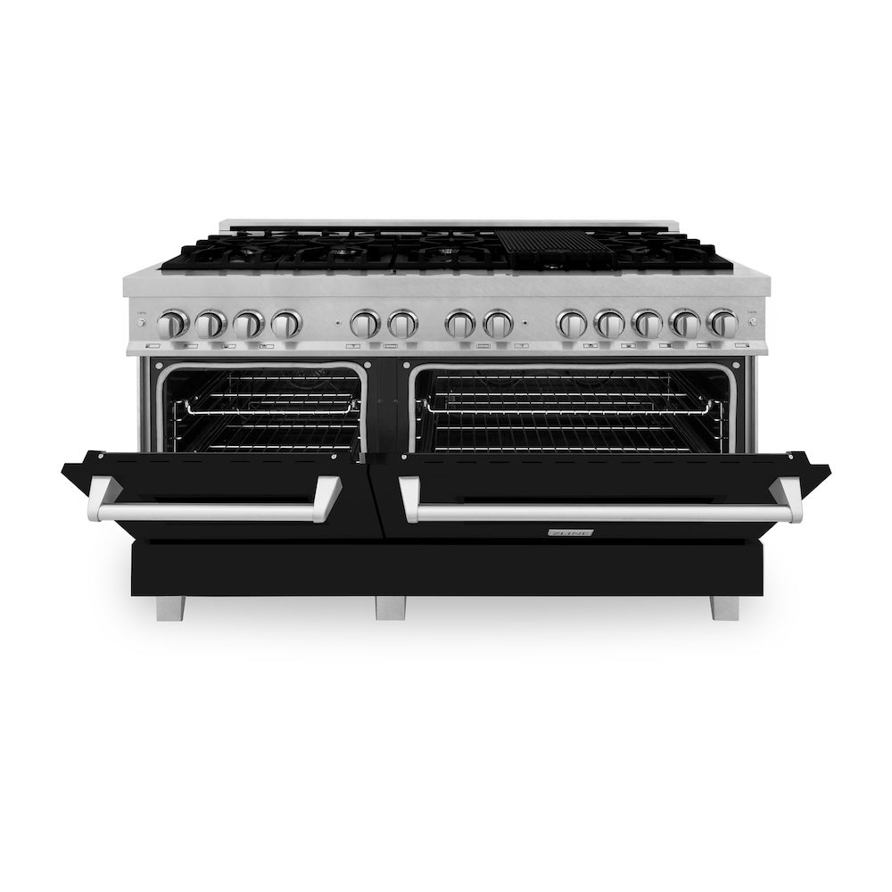 60 In. 7.4 Cu. Ft. Legacy Dual Fuel Range With 9 Burner Gas Cooktop And 2 Electric Convection Ovens In Satin Stainless Steel And Black Matte Doors RASBLM60