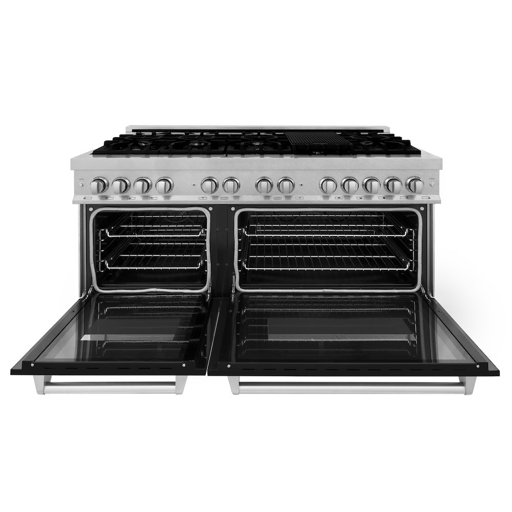 60 In. 7.4 Cu. Ft. Legacy Dual Fuel Range With 9 Burner Gas Cooktop And 2 Electric Convection Ovens In Satin Stainless Steel And Black Matte Doors RASBLM60