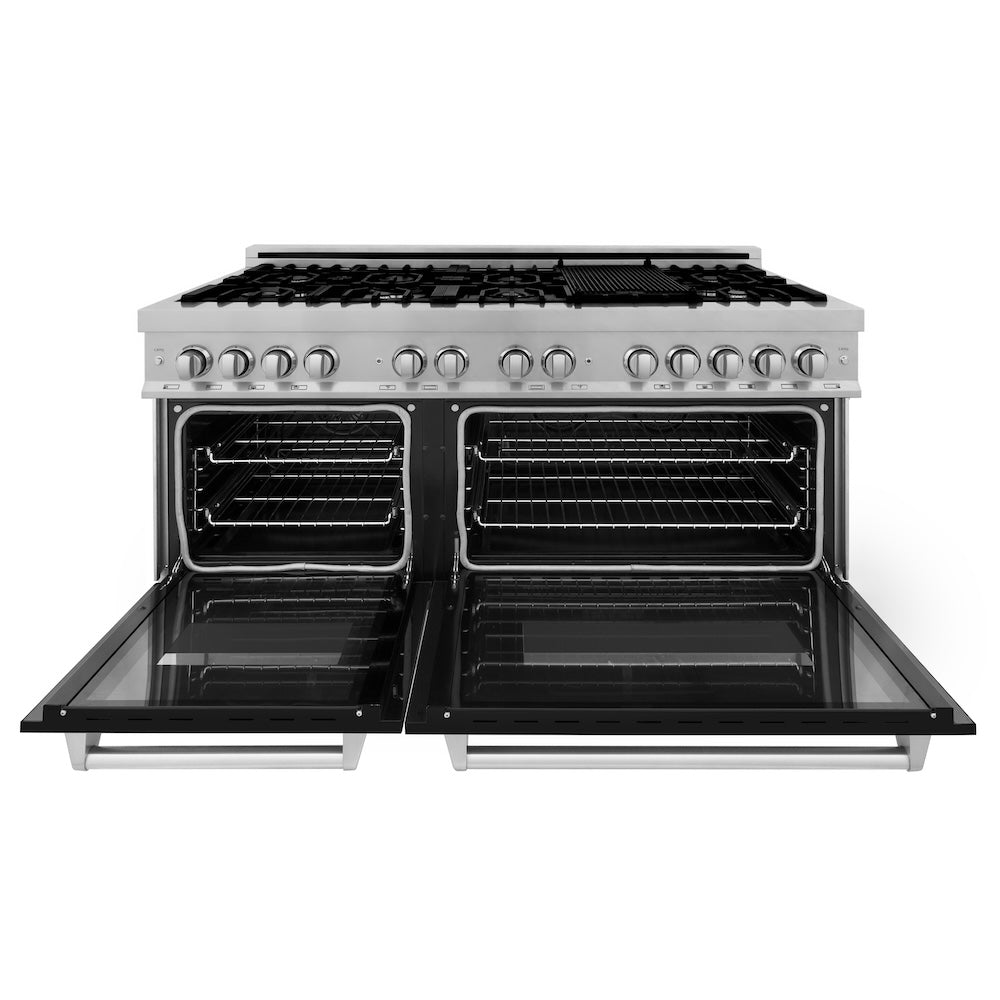 60 In. 7.4 Cu. Ft. Legacy Dual Fuel Range With 9 Burner Gas Cooktop And 2 Electric Convection Ovens In Satin Stainless Steel And Black Matte Doors RASBLM60