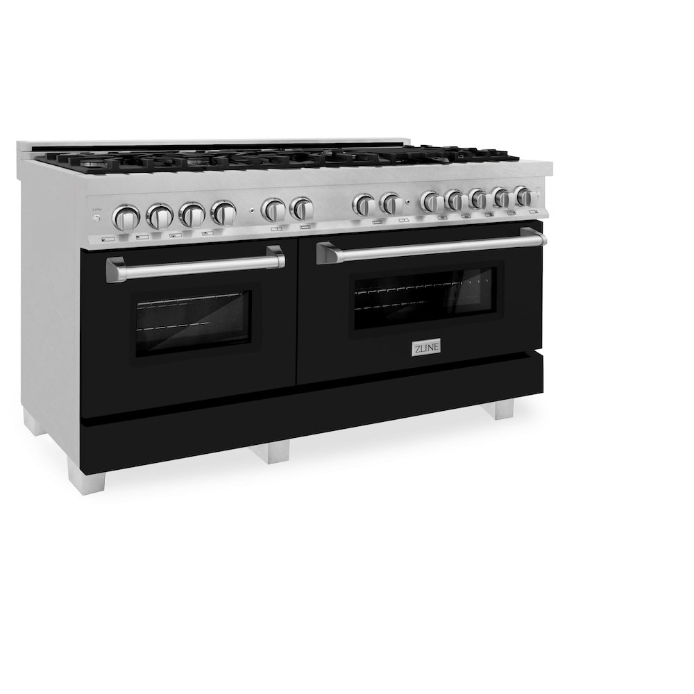 60 In. 7.4 Cu. Ft. Legacy Dual Fuel Range With 9 Burner Gas Cooktop And 2 Electric Convection Ovens In Satin Stainless Steel And Black Matte Doors RASBLM60