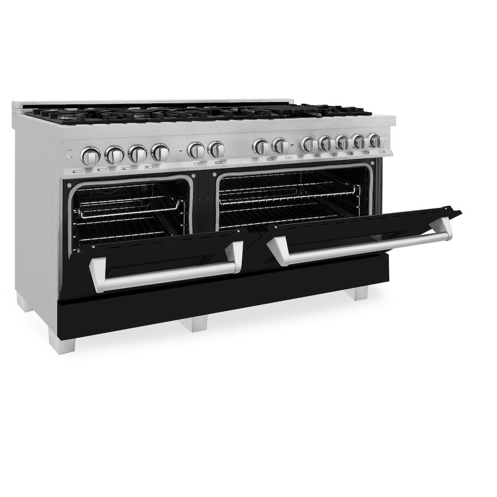 60 In. 7.4 Cu. Ft. Legacy Dual Fuel Range With 9 Burner Gas Cooktop And 2 Electric Convection Ovens In Satin Stainless Steel And Black Matte Doors RASBLM60