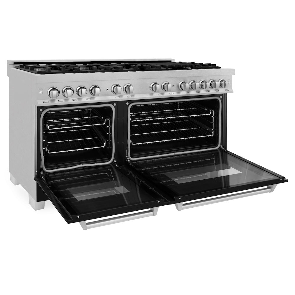 60 In. 7.4 Cu. Ft. Legacy Dual Fuel Range With 9 Burner Gas Cooktop And 2 Electric Convection Ovens In Satin Stainless Steel And Black Matte Doors RASBLM60