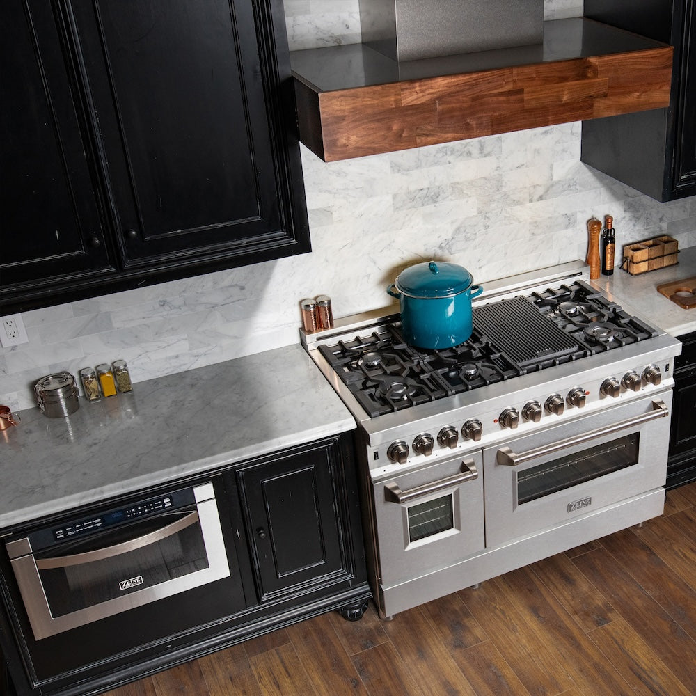 48 In. 6.0 Cu. Ft. Legacy Dual Fuel Range With 7 Burner Gas Cooktop And 2 Electric Ovens In Stainless Steel With Satin Stainless Steel Doors RASN48