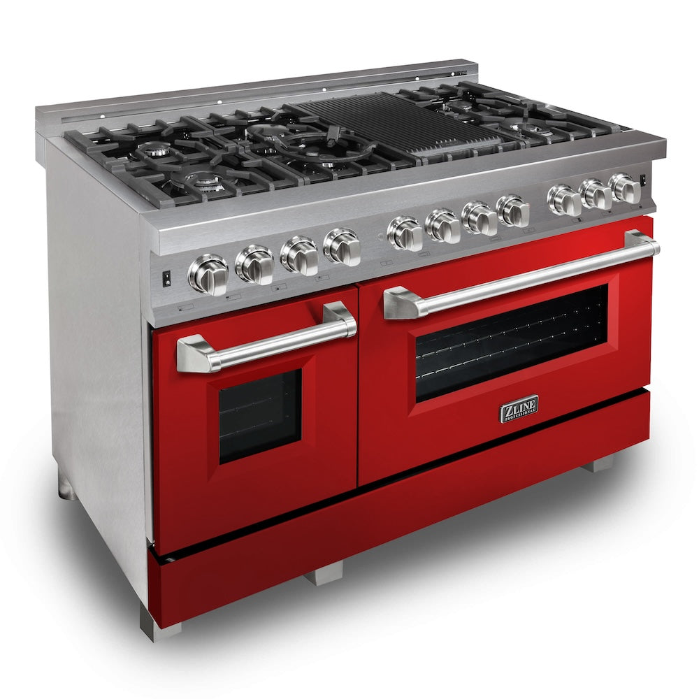 48 In. 6.0 Cu. Ft. Legacy Dual Fuel Range With 7 Burner Gas Cooktop And 2 Electric Ovens In Satin Stainless Steel And Red Gloss Doors RASRG48
