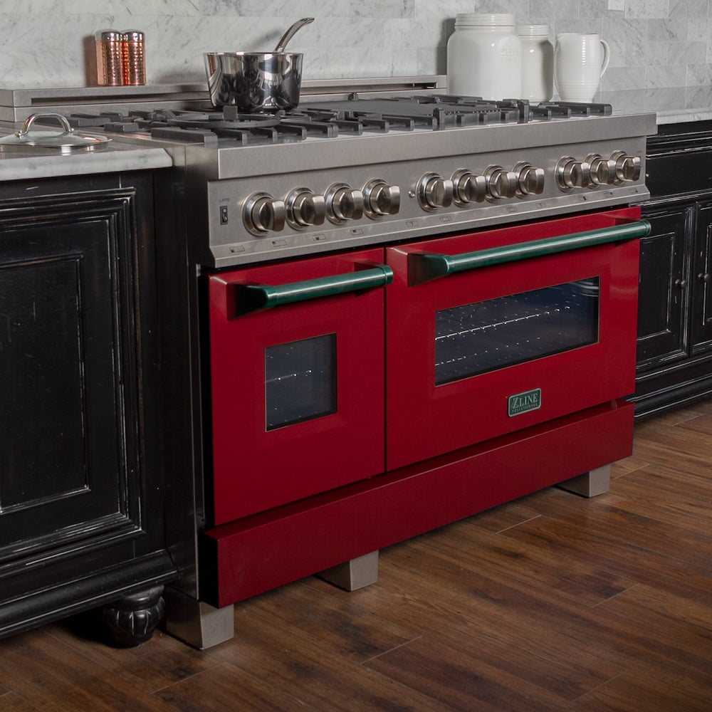 48 In. 6.0 Cu. Ft. Legacy Dual Fuel Range With 7 Burner Gas Cooktop And 2 Electric Ovens In Satin Stainless Steel And Red Gloss Doors RASRG48
