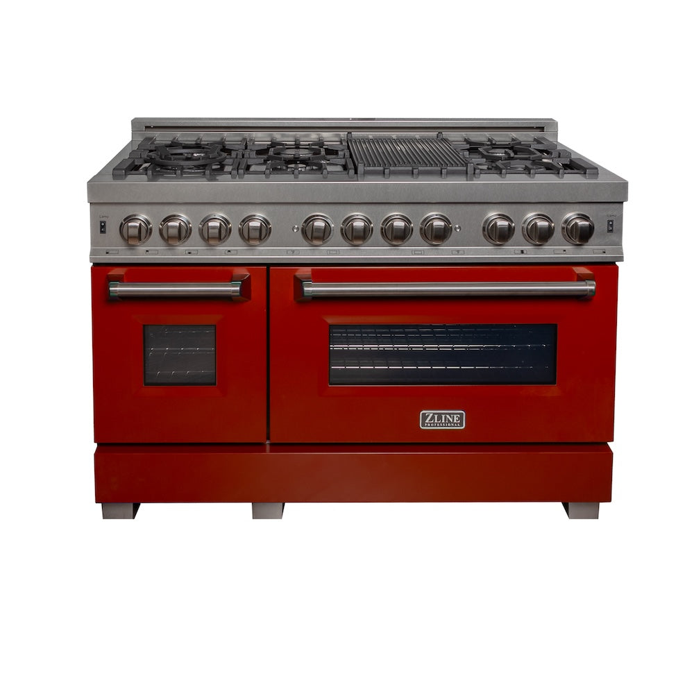 48 In. 6.0 Cu. Ft. Legacy Dual Fuel Range With 7 Burner Gas Cooktop And 2 Electric Ovens In Satin Stainless Steel And Red Gloss Doors RASRG48