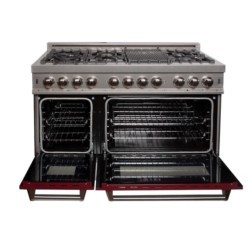 48 In. 6.0 Cu. Ft. Legacy Dual Fuel Range With 7 Burner Gas Cooktop And 2 Electric Ovens In Satin Stainless Steel And Red Gloss Doors RASRG48