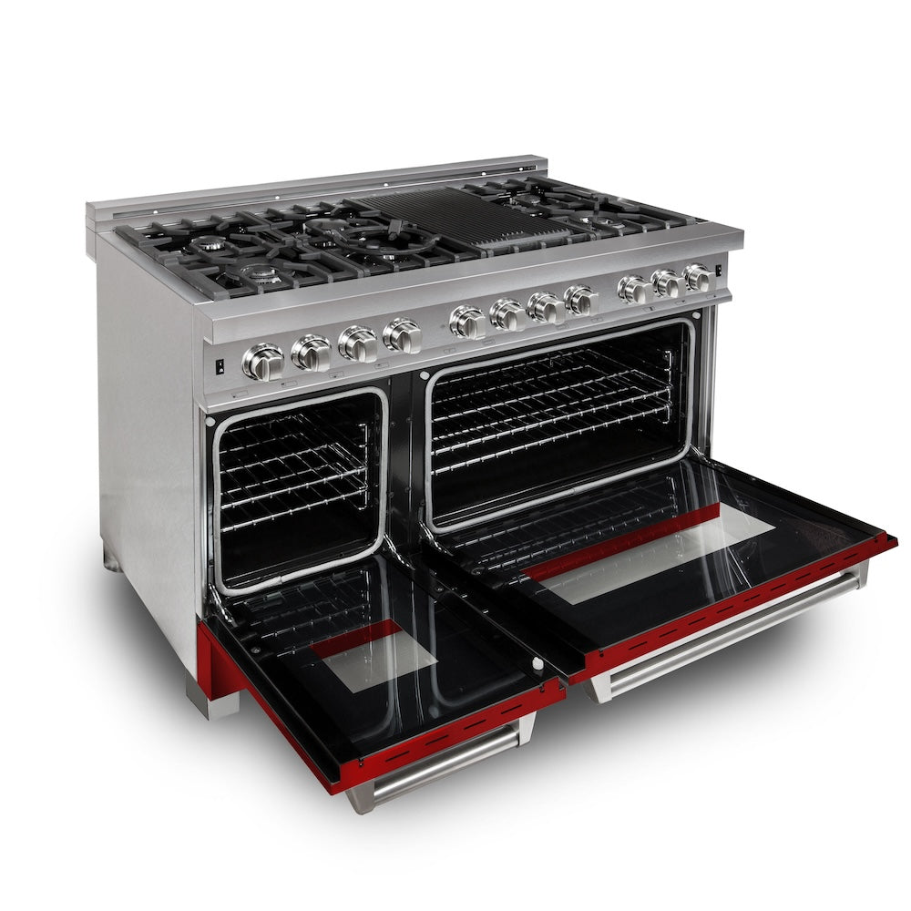 48 In. 6.0 Cu. Ft. Legacy Dual Fuel Range With 7 Burner Gas Cooktop And 2 Electric Ovens In Satin Stainless Steel And Red Gloss Doors RASRG48