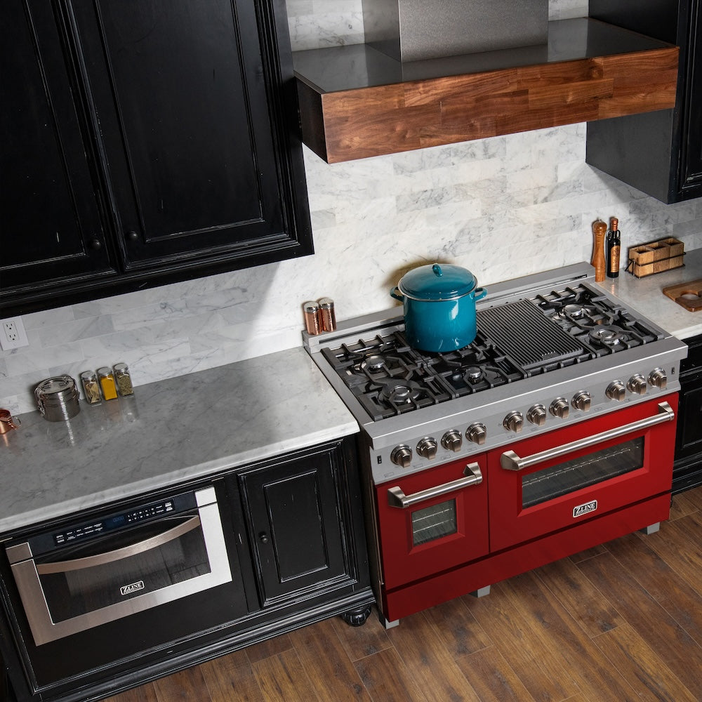 48 In. 6.0 Cu. Ft. Legacy Dual Fuel Range With 7 Burner Gas Cooktop And 2 Electric Ovens In Satin Stainless Steel And Red Gloss Doors RASRG48