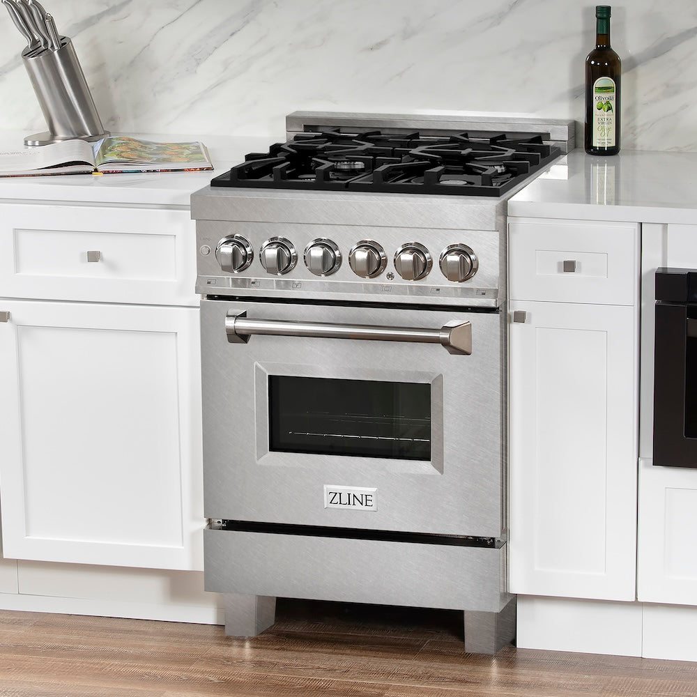 24 In. 2.8 Cu. Ft. Legacy Dual Fuel Range With 4 Burner Gas Cooktop And Electric Convection Oven In Satin Stainless Steel RASSN24