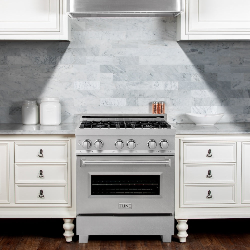 30 In. 4.0 Cu. Ft. Legacy Dual Fuel Range With 4 Burner Gas Cooktop And Electric Convection Oven In Satin Stainless Steel RASSN30