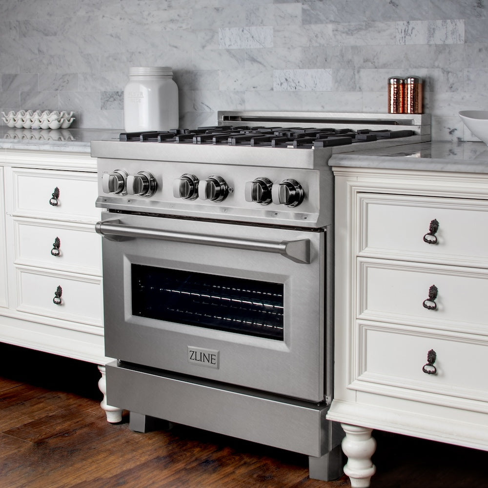 30 In. 4.0 Cu. Ft. Legacy Dual Fuel Range With 4 Burner Gas Cooktop And Electric Convection Oven In Satin Stainless Steel RASSN30