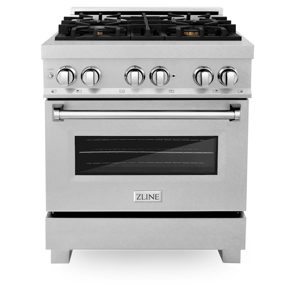 30 In. 4.0 Cu. Ft. Legacy Dual Fuel Range With Gas Cooktop And Electric Convection Oven In Satin Stainless Steel With 4 Brass Burners RASSNBR30