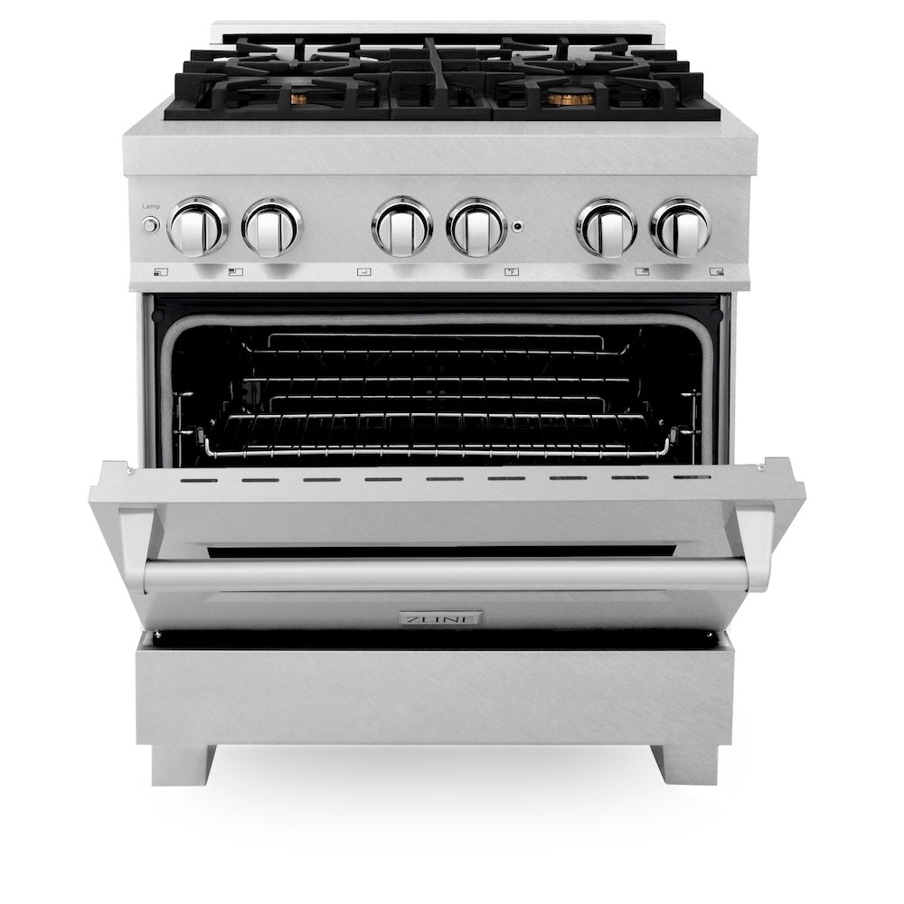30 In. 4.0 Cu. Ft. Legacy Dual Fuel Range With Gas Cooktop And Electric Convection Oven In Satin Stainless Steel With 4 Brass Burners RASSNBR30