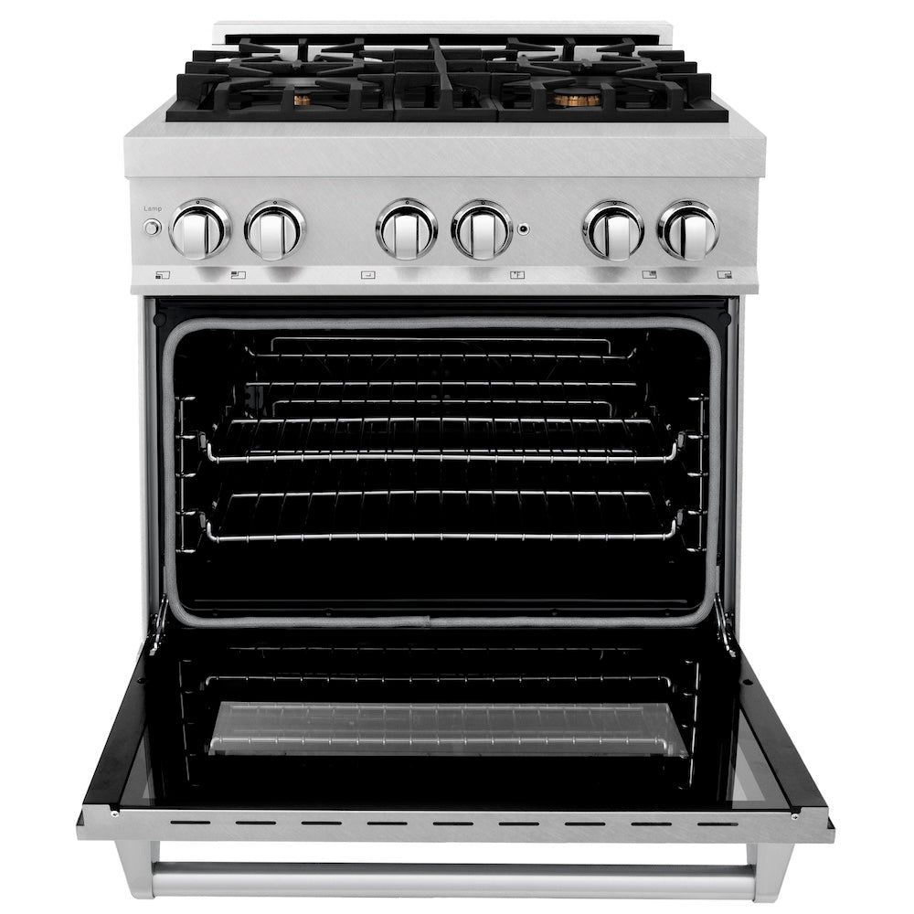 30 In. 4.0 Cu. Ft. Legacy Dual Fuel Range With Gas Cooktop And Electric Convection Oven In Satin Stainless Steel With 4 Brass Burners RASSNBR30