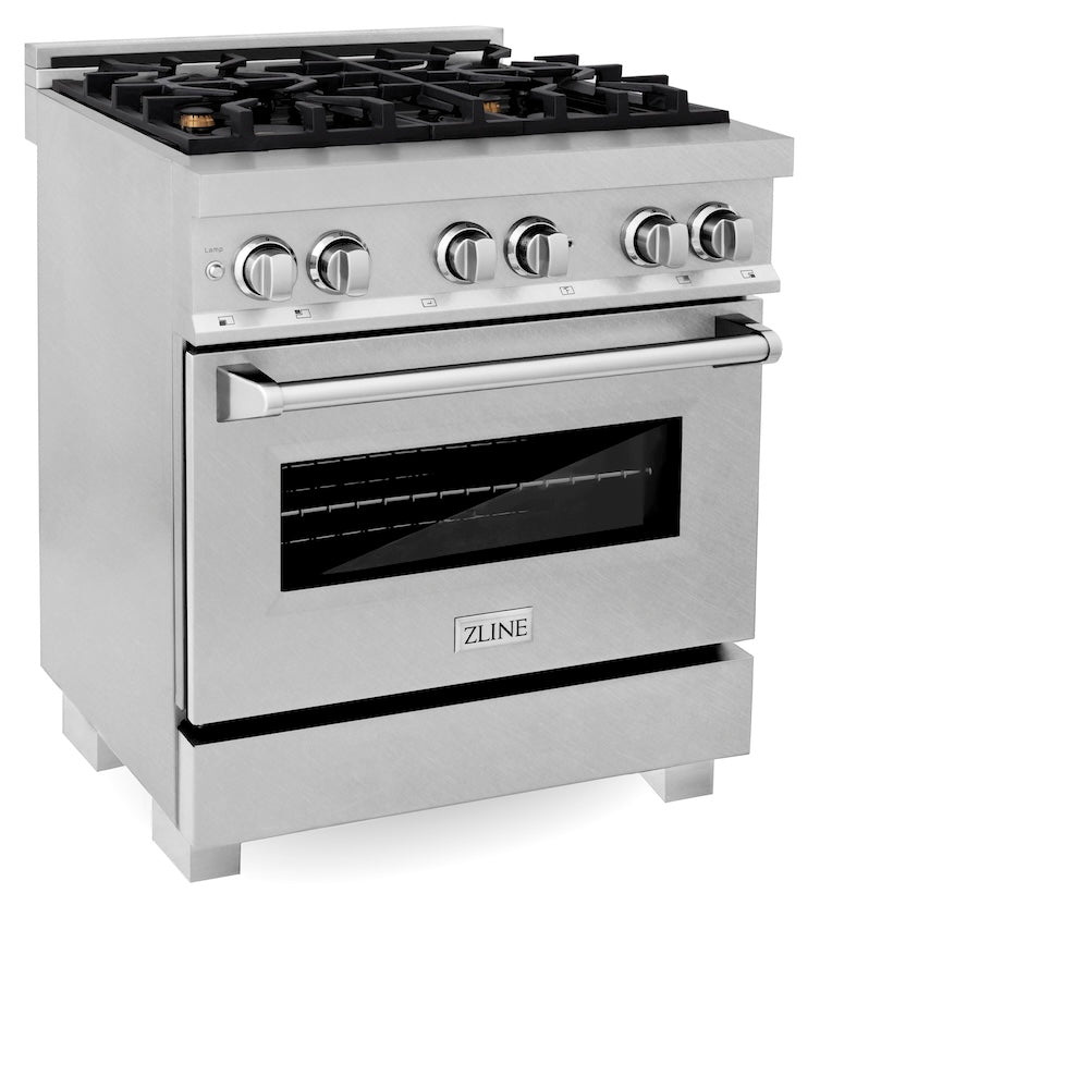 30 In. 4.0 Cu. Ft. Legacy Dual Fuel Range With Gas Cooktop And Electric Convection Oven In Satin Stainless Steel With 4 Brass Burners RASSNBR30